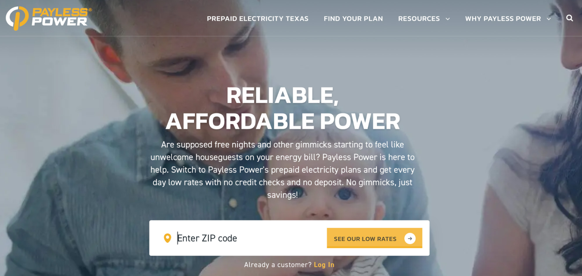Payless Power Homepage showing a couple holding their baby.