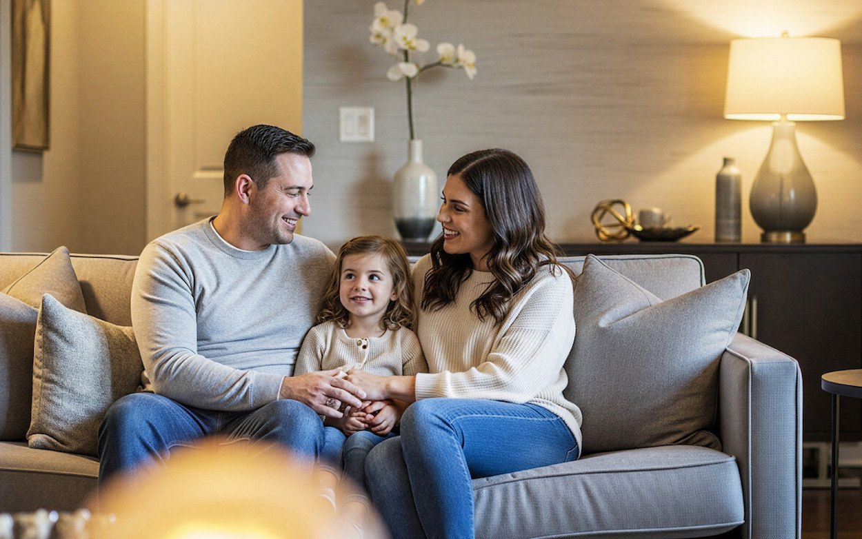 Happy family sitting together on a couch in their living room, parents smiling at their young daughter in a cozy, well-lit home.